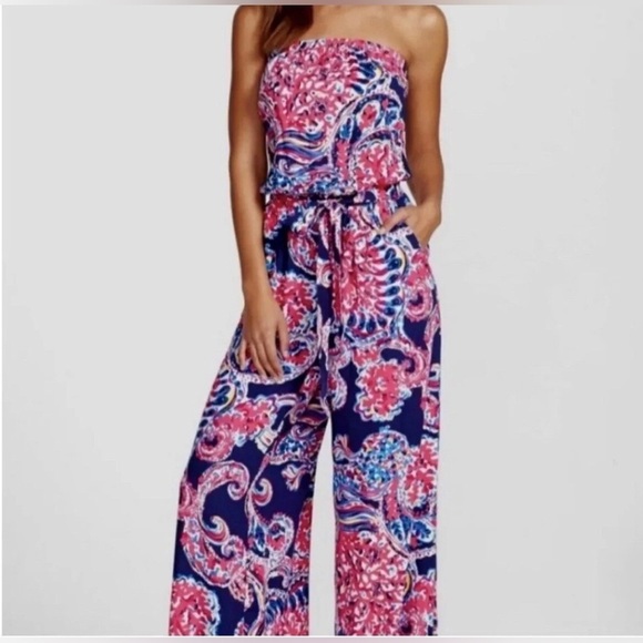 Lilly Pulitzer Women’s XXS Halibut Farrah Strapless Wide-Leg Jumpsuit w/Pockets - Picture 2 of 16
